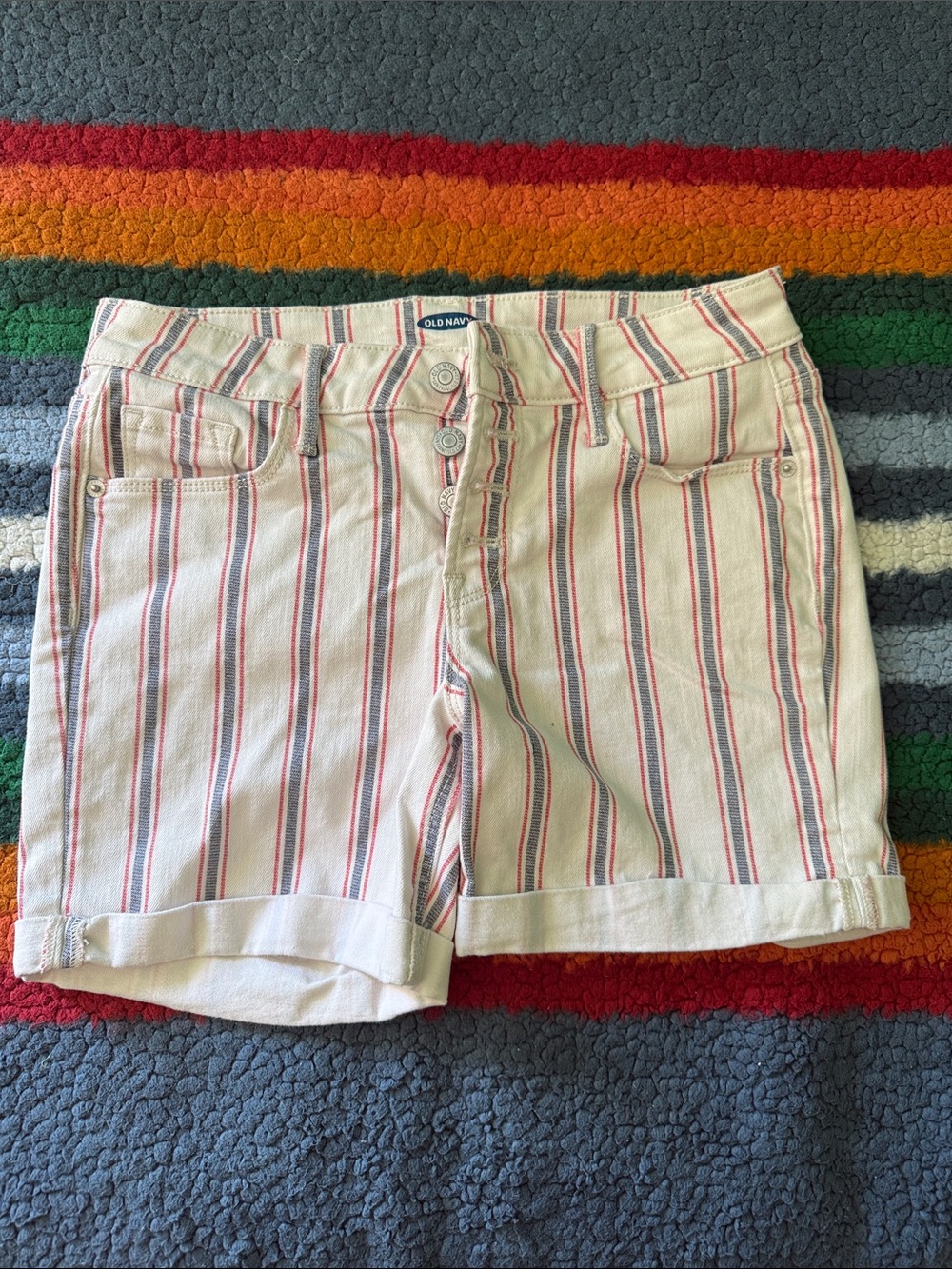 Old Navy Cream Shorts with Red and Blue Pinstripes